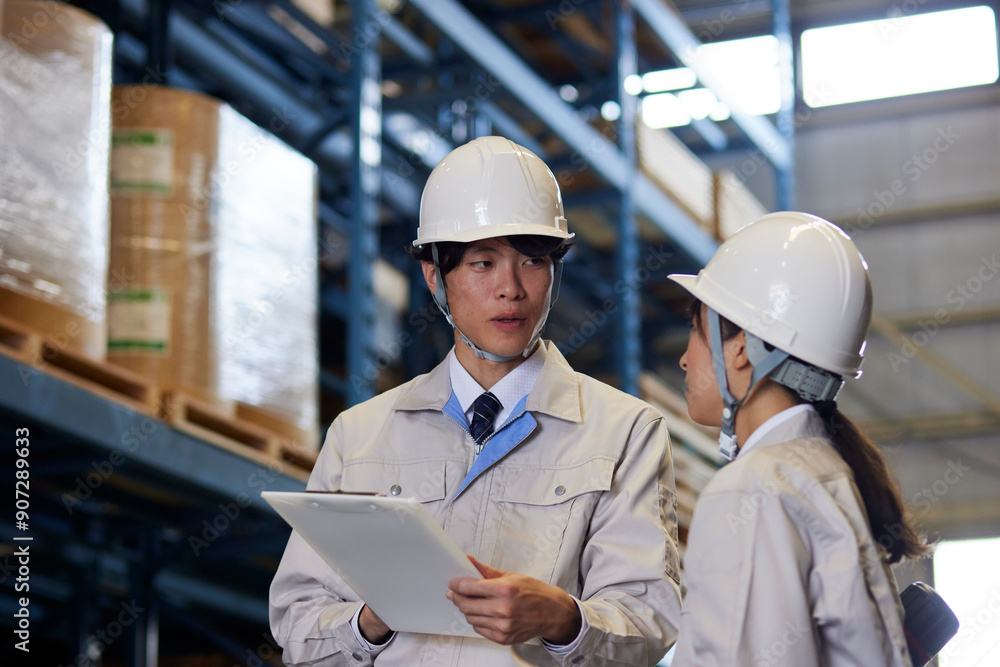 工場で打ち合わせを行う作業着を着た男女 工場で打ち合わせを行う作業着を着た男女