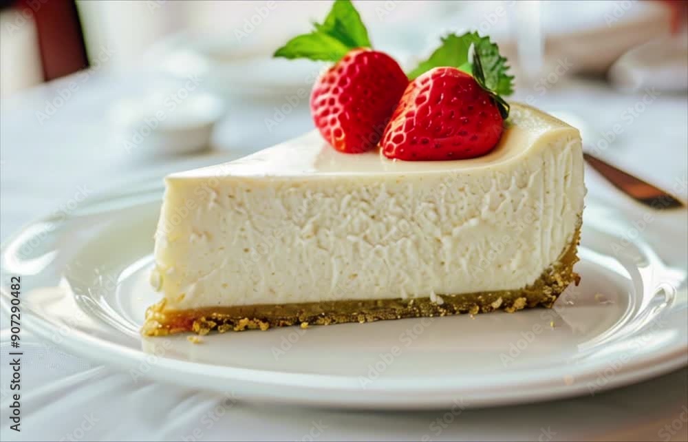 A piece of cheesecake with strawberries on white plate on the table. Traditional classical sweet dessert A piece of cheesecake with strawberries on white plate on the table. Traditional classical sweet dessert