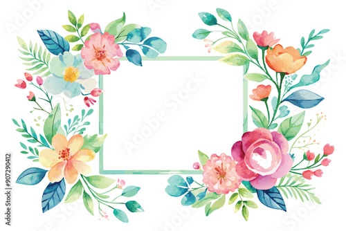 Watercolor Floral Frame with Pastel Flowers and Greenery