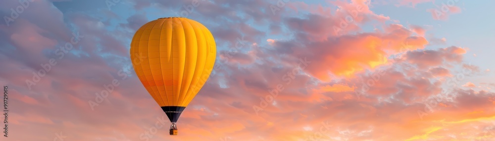 Fototapeta premium A vibrant hot air balloon floating against a stunning sunset sky, showcasing the beauty of adventure and travel.