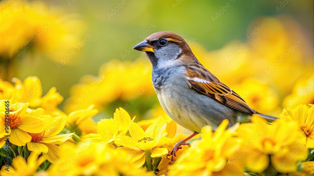 Sparrow perched among vibrant yellow flowers in a garden , bird, sparrow, nature, wildlife, yellow, flowers, garden, perched Sparrow perched among vibrant yellow flowers in a garden , bird, sparrow, nature, wildlife, yellow, flowers, garden, perched