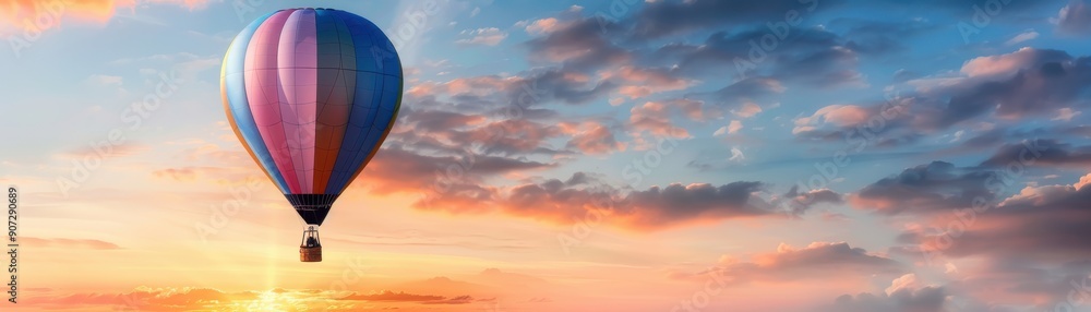 Fototapeta premium A vibrant hot air balloon floats in a colorful sky at sunset, creating a picturesque scene full of adventure and tranquility.