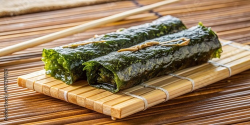 Freshly dried seaweed wraps around a bamboo stick, showcasing a delicate and nutritious Japanese snack, perfect for a healthy and balanced diet. photo