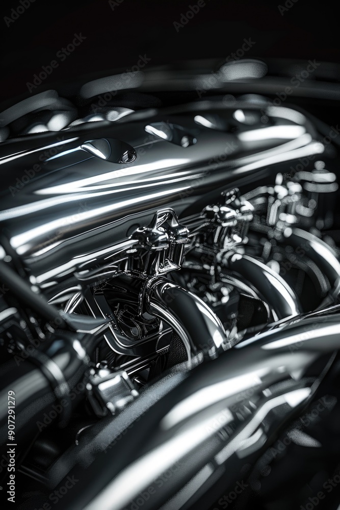 Close-up shot of a chrome engine on a motorcycle Close-up shot of a chrome engine on a motorcycle