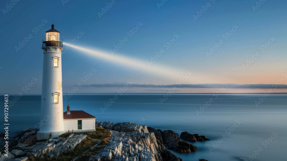 Beautiful lighthouse shining its beam over calm waters during sunset, creating a serene and picturesque coastal scene. Beautiful lighthouse shining its beam over calm waters during sunset, creating a serene and picturesque coastal scene.