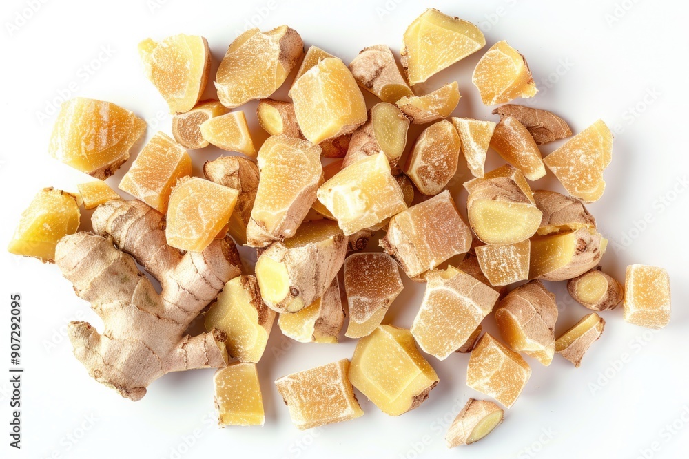Freshly peeled oranges and ginger arranged on a clean white surface, perfect for food styling or photography Freshly peeled oranges and ginger arranged on a clean white surface, perfect for food styling or photography
