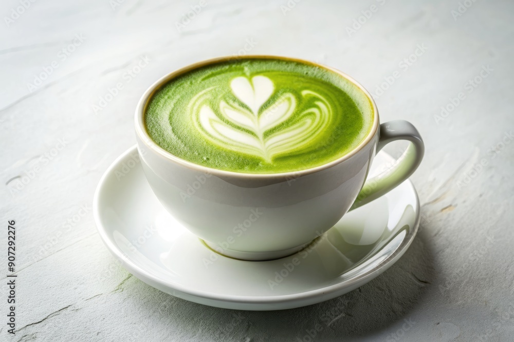 Vibrant green matcha coffee latte in a stylish ceramic cup with creamy foam and subtle steam, set against a clean and minimalist white background. Vibrant green matcha coffee latte in a stylish ceramic cup with creamy foam and subtle steam, set against a clean and minimalist white background.