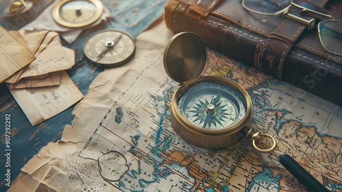 Vintage compass and map on wooden table, old and worn.