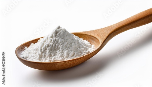 White flour, heaped flour on a wooden spoon,seen from above,seen from the side