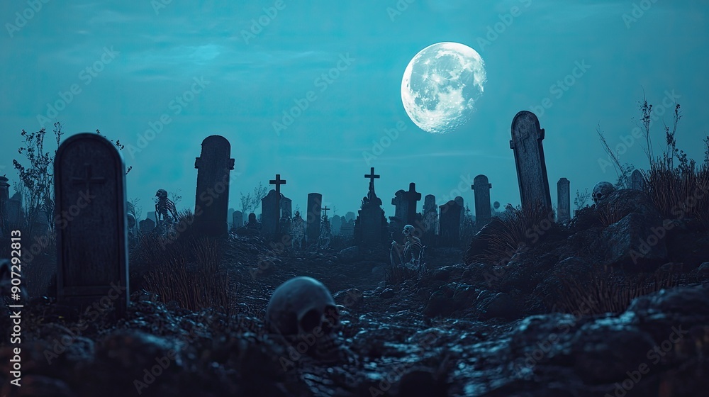 A 3D Halloween visual with a single color backdrop, featuring eerie elements like gravestones, skeletons, and full moon. Plenty of space available for advertising content. A 3D Halloween visual with a single color backdrop, featuring eerie elements like gravestones, skeletons, and full moon. Plenty of space available for advertising content.