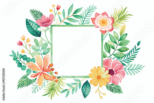 Watercolor Floral Frame with Green Leaves and Blank Center
