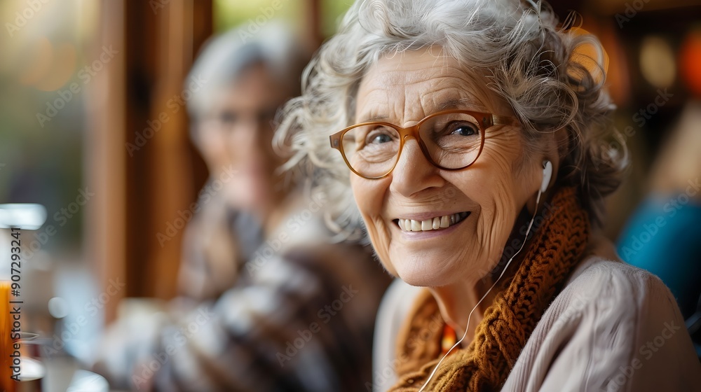 Elderly Woman Smiles at Family Gathering with Hearing Aid,Celebrating Social Engagement and Elderly Woman Smiles at Family Gathering with Hearing Aid,Celebrating Social Engagement and