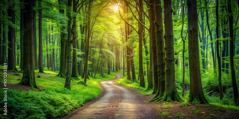 Obraz premium A serene path winding through a dense forest, nature, trees, woods, hiking, trail, tranquil, lush, greenery