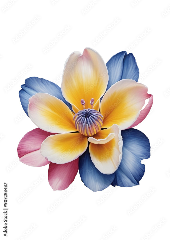A flower with pink, blue, and yellow petals A flower with pink, blue, and yellow petals