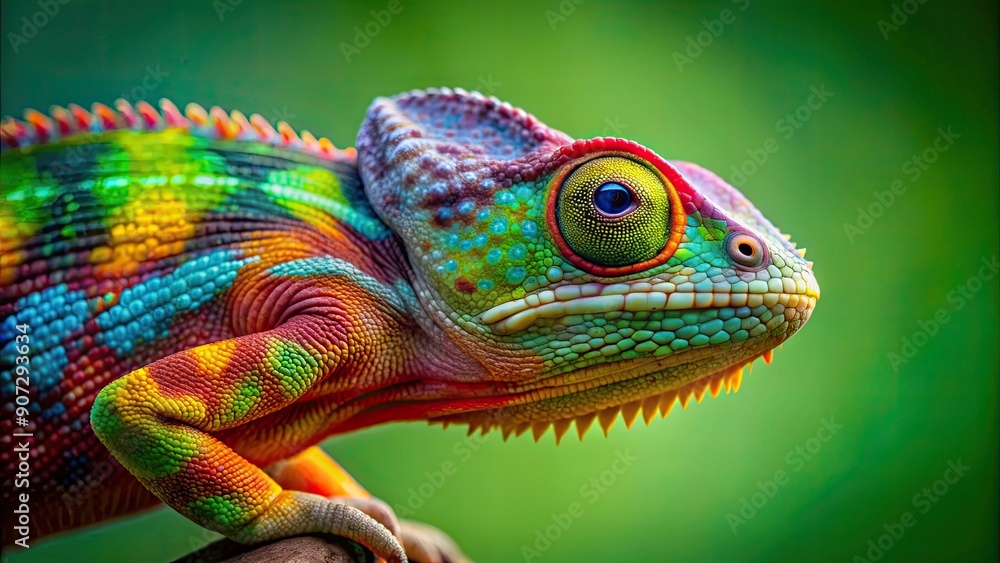 Colorful chameleon lizard against green background, chameleon, lizard, colorful, closeup, isolated, green, animal, reptile Colorful chameleon lizard against green background, chameleon, lizard, colorful, closeup, isolated, green, animal, reptile