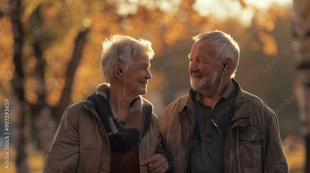 Elderly Couple with Hearing Aids Enjoying Outdoor Walk Together in Nature Elderly Couple with Hearing Aids Enjoying Outdoor Walk Together in Nature