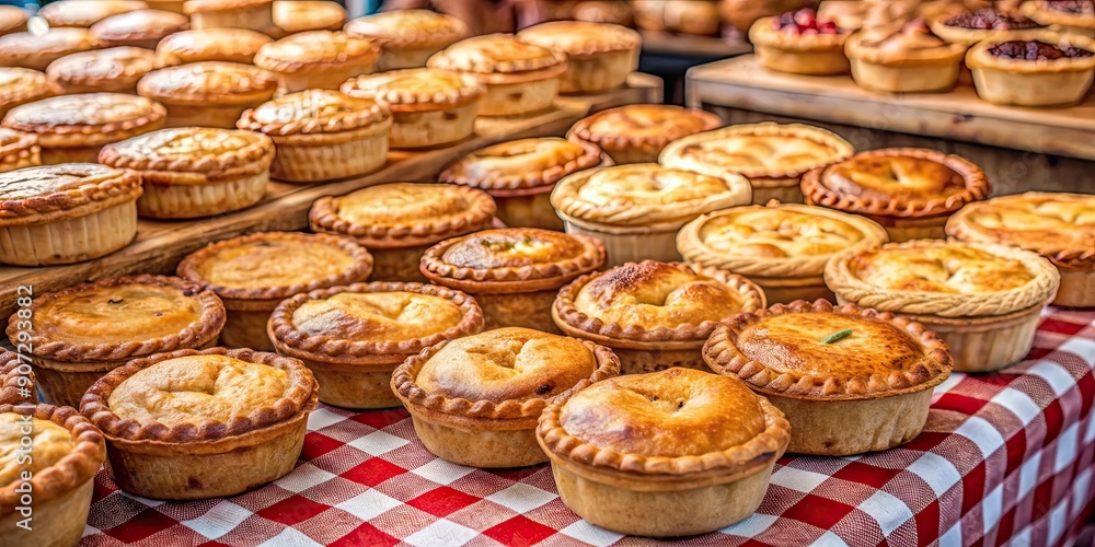 Market stall selling traditional British pies with Union Jack flags , Pies, food, market, UK Market stall selling traditional British pies with Union Jack flags , Pies, food, market, UK
