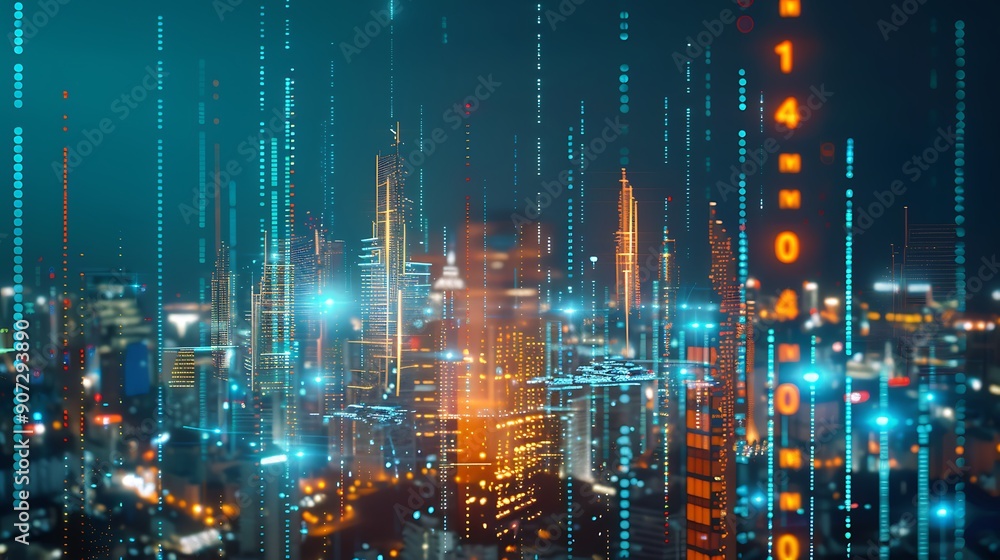 Futuristic Cityscape with digital lights and glowing towers representing modern technology and innovation. Futuristic Cityscape with digital lights and glowing towers representing modern technology and innovation.