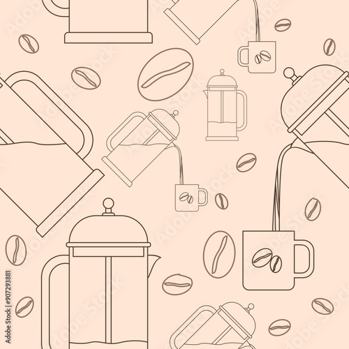Editable French Press Manual Brewing Coffee Maker Vector Illustration in Outline Style with Coffee Beans as Seamless Pattern for Creating Background of Cafe Related Purposes