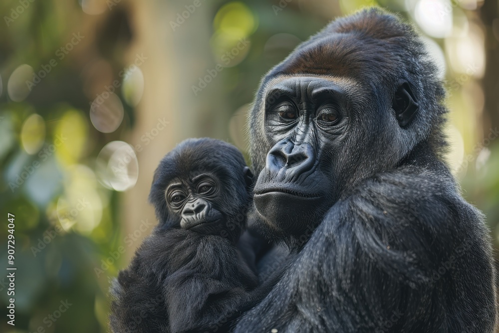 Obraz premium A mother gorilla holding her baby