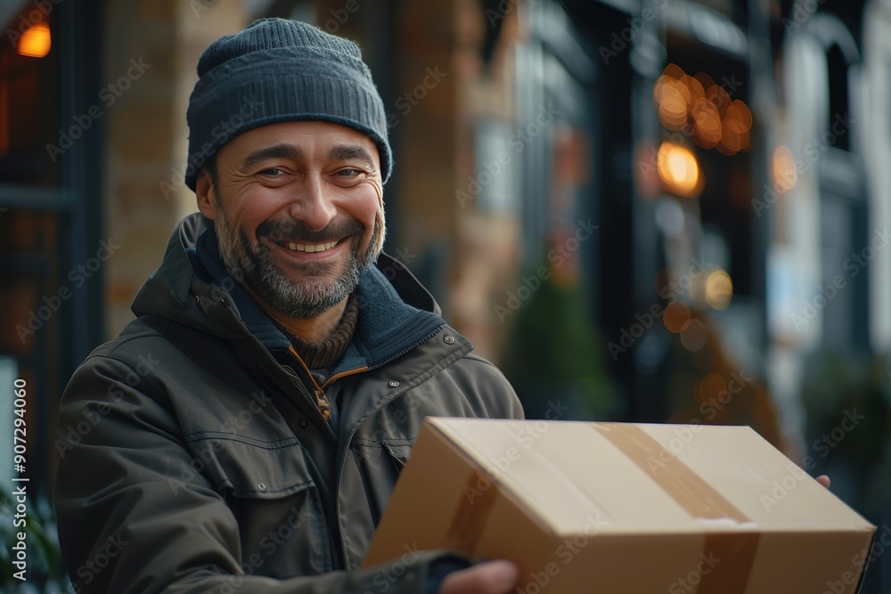 A man wearing a hat and a jacket is holding a brown box A man wearing a hat and a jacket is holding a brown box