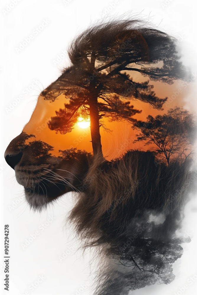 Obraz premium Majestic lion portrait with double exposure landscape at sunset