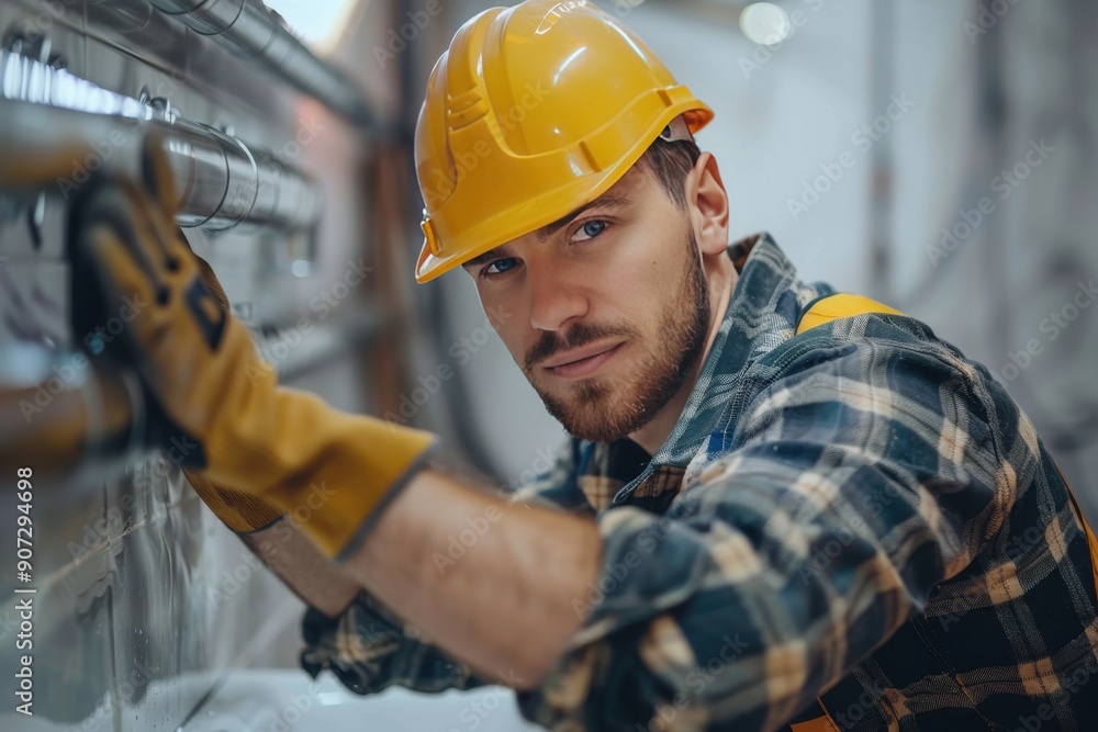 A man in a yellow hard hat and work gloves is standing in front of a pipe A man in a yellow hard hat and work gloves is standing in front of a pipe