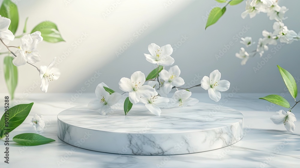 Aerial view of a marble podium with delicate white flowers, perfect for showcasing beauty or luxury products. Aerial view of a marble podium with delicate white flowers, perfect for showcasing beauty or luxury products.