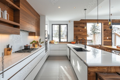 A large, clean, and well-lit kitchen with a white island and a wood-paneled wall