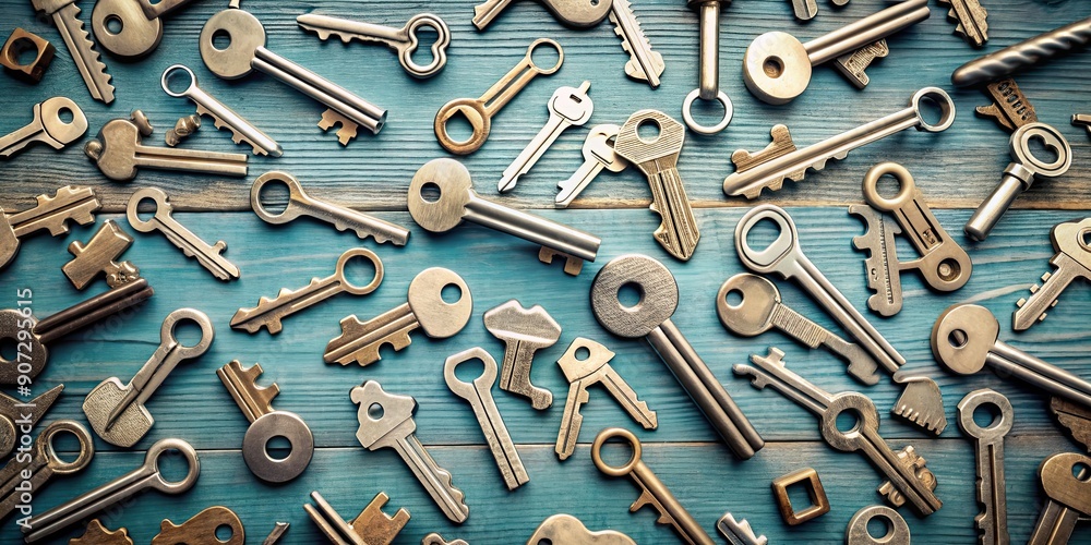 Scattered keys symbolizing privacy, problem solving, solutions and correct answers, privacy, problem solving Scattered keys symbolizing privacy, problem solving, solutions and correct answers, privacy, problem solving