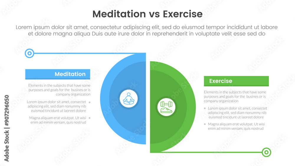 © ribkhan - meditation vs physical exercise comparison or versus concept for infographic template banner with big slice half circle with line separation with two point list information © ribkhan - meditation vs physical exercise comparison or versus concept for infographic template banner with big slice half circle with line separation with two point list information