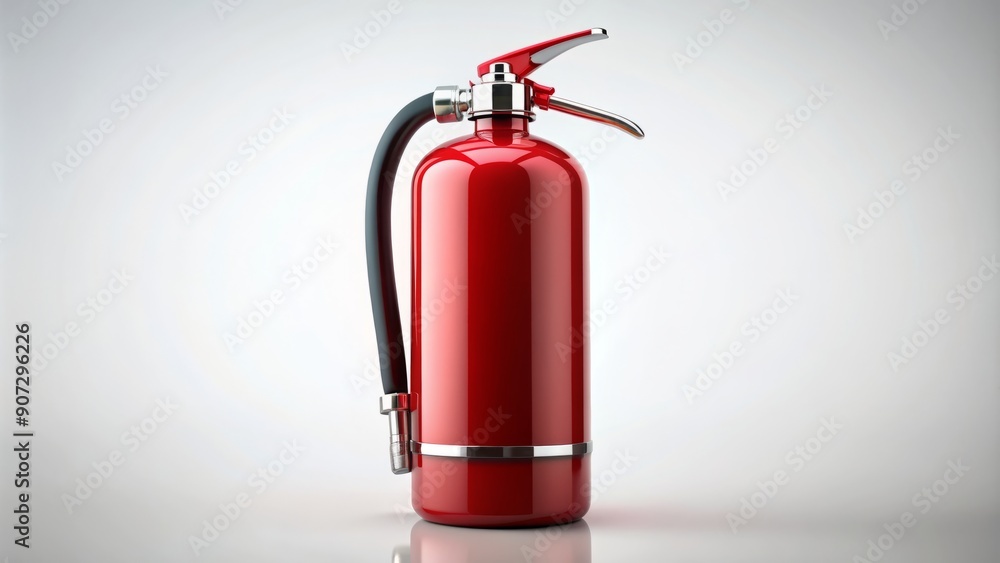 A shiny red fire extinguisher sits upright on a pure white background, its metal body and nozzle gleaming, ready for emergency use. A shiny red fire extinguisher sits upright on a pure white background, its metal body and nozzle gleaming, ready for emergency use.