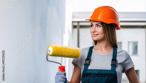 Exterior wall painting, painting, painting roller, young woman painting, home decoration