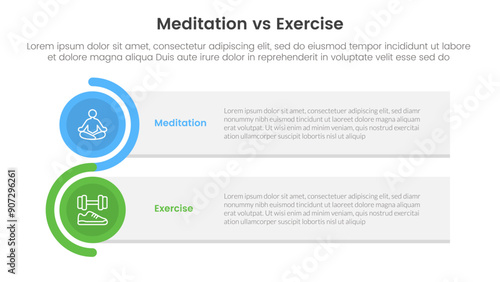 meditation vs physical exercise comparison or versus concept for infographic template banner with rectangle box stack and circle wave with two point list information
