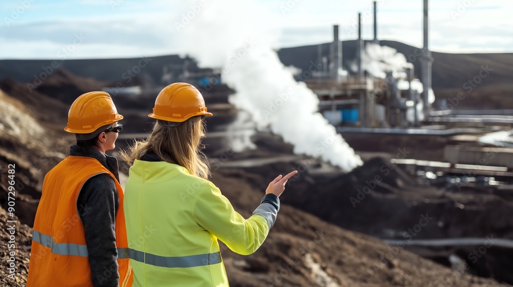 Harnessing Geothermal Energy.Female Engineers Assessing Renewable Power Plant.Generative ai illustration Harnessing Geothermal Energy.Female Engineers Assessing Renewable Power Plant.Generative ai illustration