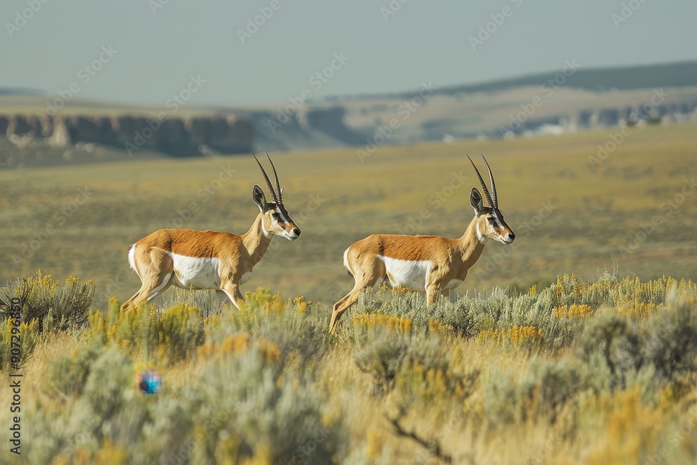 Two deer are walking in a field with a beautiful blue sky in the background Two deer are walking in a field with a beautiful blue sky in the background