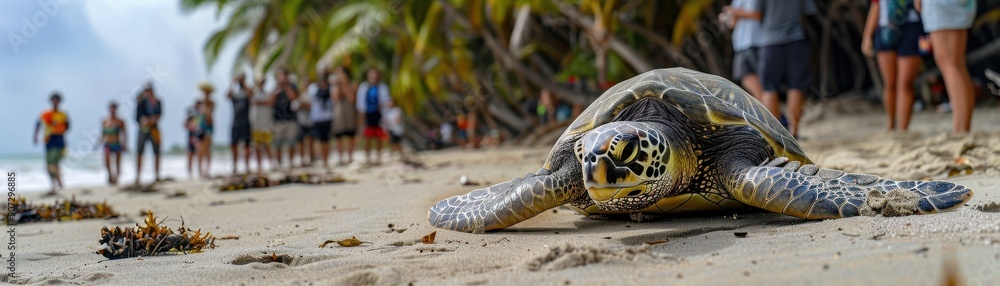 A turtle is laying on the beach, with a crowd of people watching A turtle is laying on the beach, with a crowd of people watching