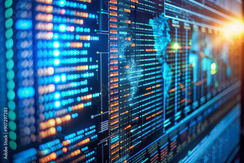 Close-up of programming code on screen, showcasing AI software development, machine learning algorithms, and database integration for business growth, with binary code encryption. © Adisorn