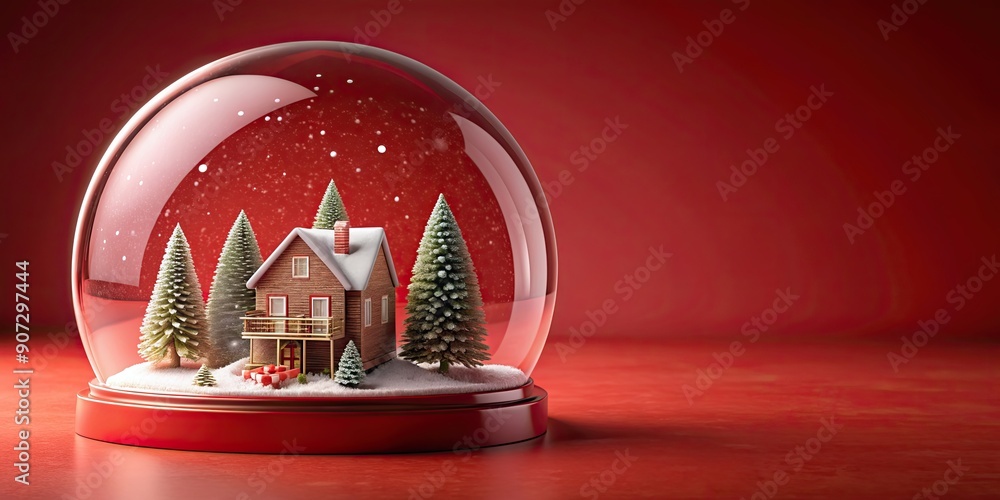 render of a snowglobe with cone trees, house, snow on red background for Christmas, snowglobe, render, cone trees, house render of a snowglobe with cone trees, house, snow on red background for Christmas, snowglobe, render, cone trees, house