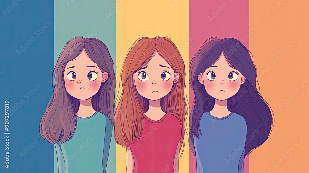 Cartoon girl showing happy and sad emotions in a minimalist style with a solid color background. Ideal for easily conveying a spectrum of feelings. Cartoon girl showing happy and sad emotions in a minimalist style with a solid color background. Ideal for easily conveying a spectrum of feelings.