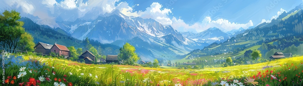 A painting of a mountain landscape with a small village in the foreground A painting of a mountain landscape with a small village in the foreground