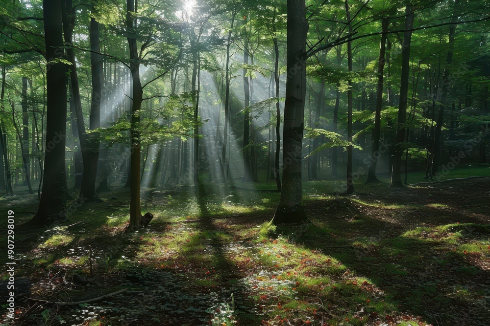 The sun is shining through the trees, casting a warm glow on the forest floor The sun is shining through the trees, casting a warm glow on the forest floor