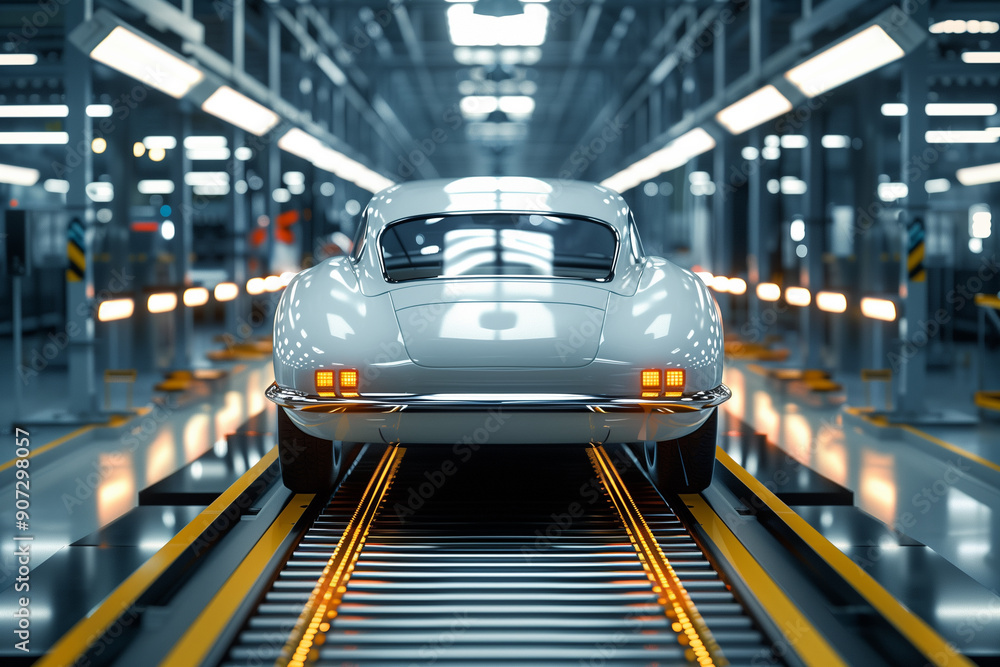 Fototapeta premium White Car on a conveyor belt in a factory