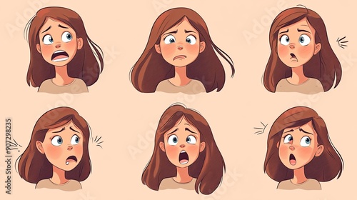 Cartoon girl with a variety of facial expressions on a plain color background. Each emotion is vividly depicted, ideal for illustrating different moods.