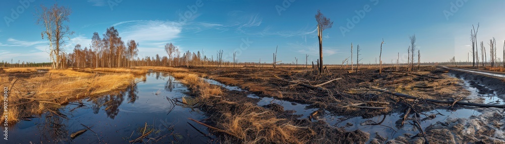A panoramic view of a forest with a body of water in the foreground A panoramic view of a forest with a body of water in the foreground
