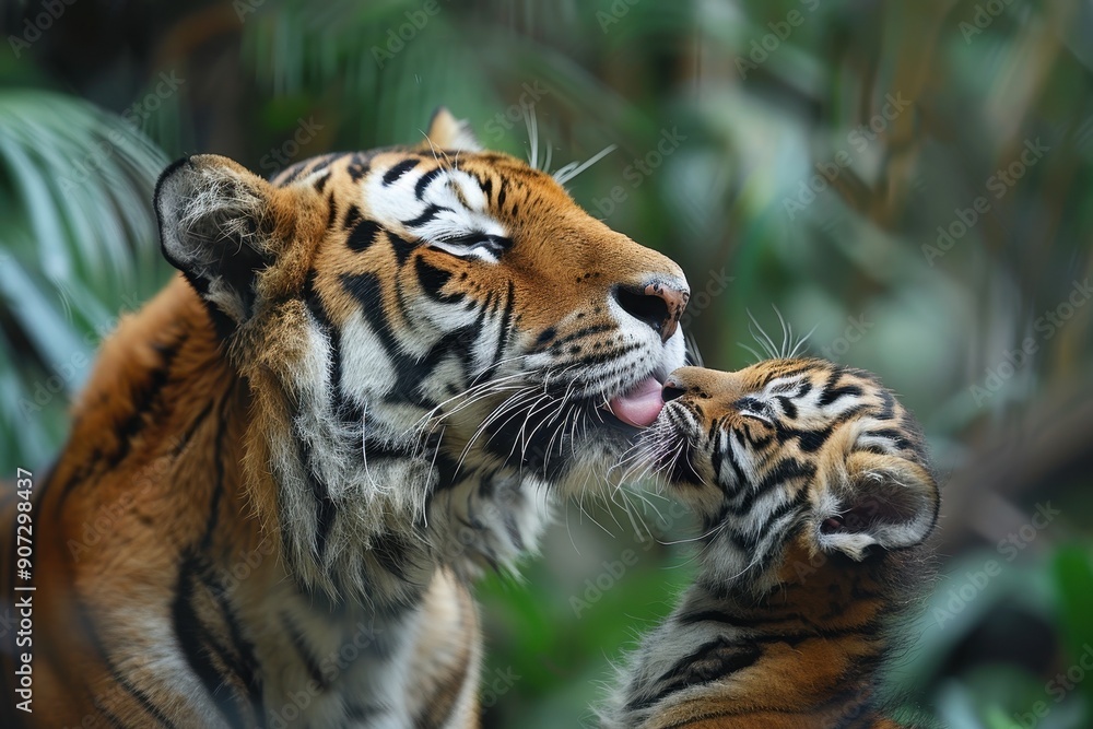 Fototapeta premium A mother tiger is licking her baby