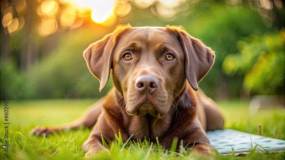 Adorable brown Labrador lying on grass with brown eyes, looking straight ahead for calendar, Labrador, dog, adorable, brown, grass Adorable brown Labrador lying on grass with brown eyes, looking straight ahead for calendar, Labrador, dog, adorable, brown, grass