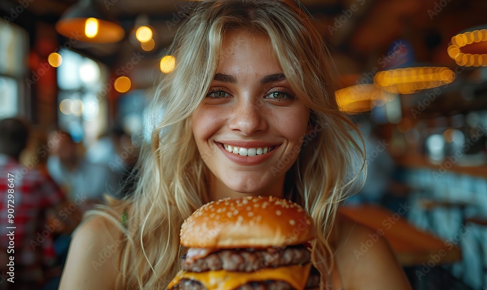 A joyful couple is eating burgers at a pub restaurant, enjoying their lunch break at a cafe, capturing a fun weekend day with a young man and woman.