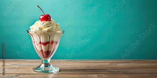 1950s Vintage sundae ice cream with a perfect cherry , retro, nostalgic, dessert, treat, delicious, whimsical, hyper-realistic photo