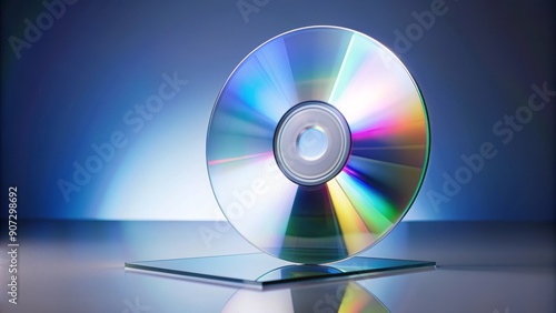 Glossy reflective CD DVD disc with blank white label, standing upright on transparent glass tabletop, surrounded by copyspace and soft gradient background lighting. photo